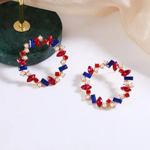 Vintage Geometrische Strass Ronde Oorknopjes Voor Vrouwen Kleurrijke Legering Kunstparel Krans Oorbellen Mode Sieraden