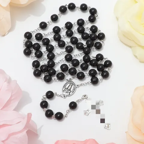 8mm Zwarte Glazen Kraal Rozenkrans Ketting Legering Kruis Hanger Religieuze Sieraden Doop Katholieke Kettingen Voor Mannen Vrouwen