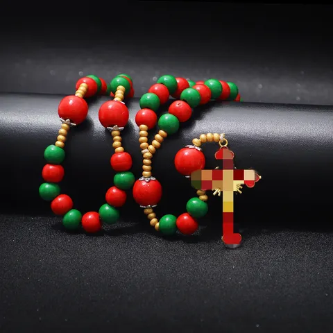 Handgemaakte Houten Kralen Rozenkrans Ketting Met Emaille Kruis Hanger Religieuze Doop Gebed Sieraden Cadeau Voor Mannen Vrouwen