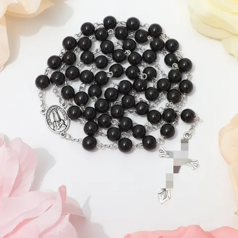 8mm Zwarte Glazen Kraal Rozenkrans Ketting Legering Kruis Hanger Religieuze Sieraden Doop Katholieke Kettingen Voor Mannen Vrouwen