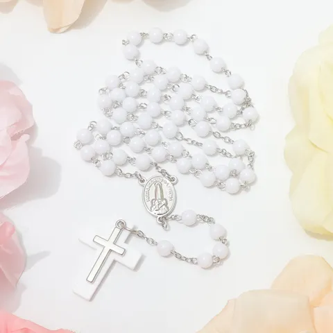Witte Kunstparel Rozenkrans Ketting Lange Gebedskralen Zilveren Legering Kruis Maagd Maria Medaille Vrouwen Sieraden