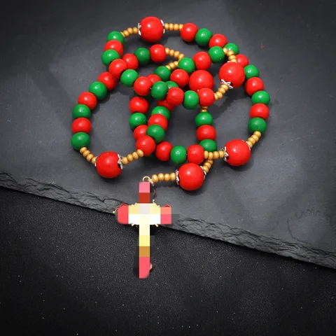 Handgemaakte Houten Kralen Rozenkrans Ketting Met Emaille Kruis Hanger Religieuze Doop Gebed Sieraden Cadeau Voor Mannen Vrouwen