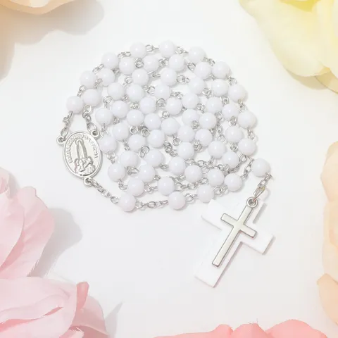 Witte Kunstparel Rozenkrans Ketting Lange Gebedskralen Zilveren Legering Kruis Maagd Maria Medaille Vrouwen Sieraden