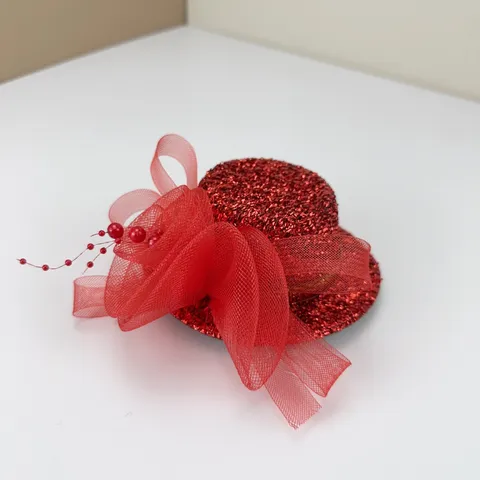 Pinza para el Cabello de Mini Sombrero de Copa Con Rosa de Malla de Lentejuelas Y Velo para Fiesta Baile Escenario Mujer Rojo