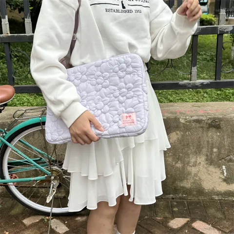 Korean Style Embroidered Bubble Cotton Floral Tablet Sleeve Laptop Organizer Pouch Padded Storage Bag For Women