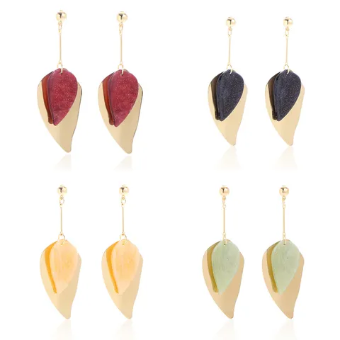 Zoete Dubbellaagse Blad Oorknopjes Voor Dames Morandi Kleur Minimalistisch Metaal Kunststof Botanische Planten Sieraden Cadeau Lange Hangende Oorbellen