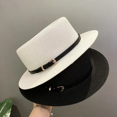 Women Vintage Straw Boater Hat British Flat Top Sun Hat Summer Beach Panama Hat With Belt Buckle Breathable Fedora Hat For Travel