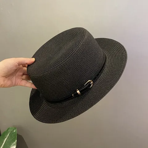 Women Vintage Straw Boater Hat British Flat Top Sun Hat Summer Beach Panama Hat With Belt Buckle Breathable Fedora Hat For Travel