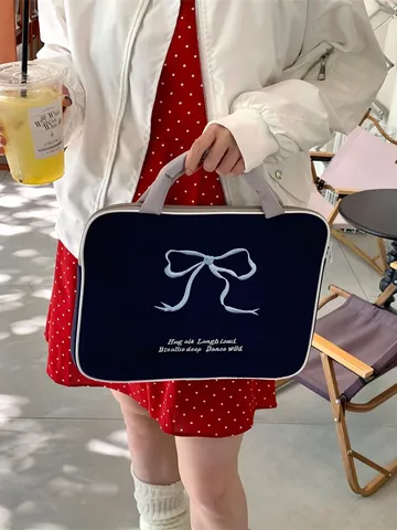 Koreanischer INS Süße Bestickte Schleife Laptoptasche Tablet Hülle Gestepptes Nylon Tragbare Handtasche Aufbewahrungstasche
