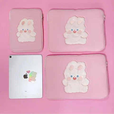 Cute Cartoon Rabbit Embroidery Bow Tablet Sleeve Cute Pink Computer Bag Soft Fluffy Laptop Case Organizer
