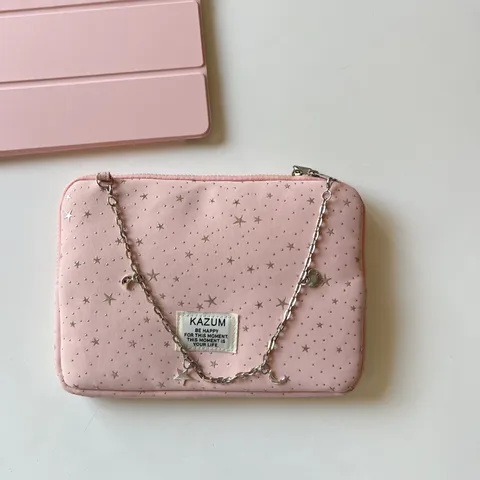 Women Cute Star Pattern Padded Laptop Sleeve Cotton Tablet Bag With Chain Sweet Style Travel Storage Case