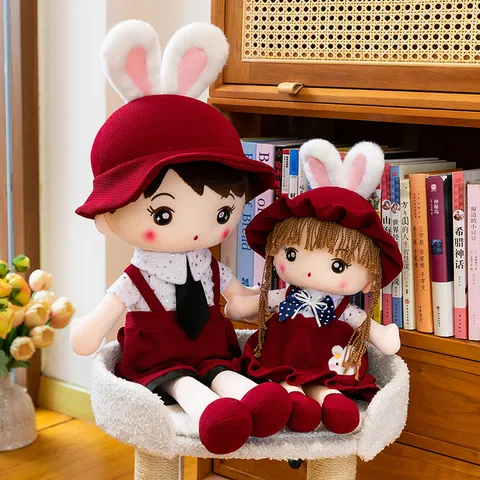 Cute Cartoon Couple Plush Toys With Rabbit Ear Hat Starry Sky Stuffed Doll Soft Companion Toy For Girls