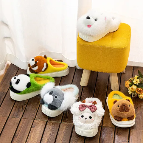 Cute Cartoon Animal Cotton Slippers Thick Sole Plush Warm Indoor Slippers For Winter Women Men Cozy Footwear