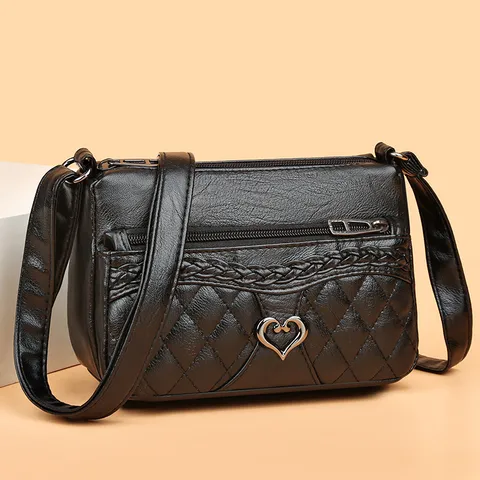 Borsa a Tracolla da Donna in Pelle PU Piccola Quadrata Retro con Tessitura Trapuntata e Decorazione a Cuore in Metallo