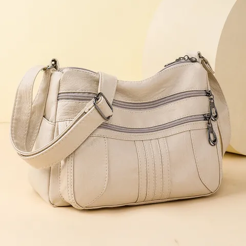 Women's PU Leather Crossbody Bag Large Capacity Multi-Pocket Shoulder Bag Solid Color Soft Leather Handbag
