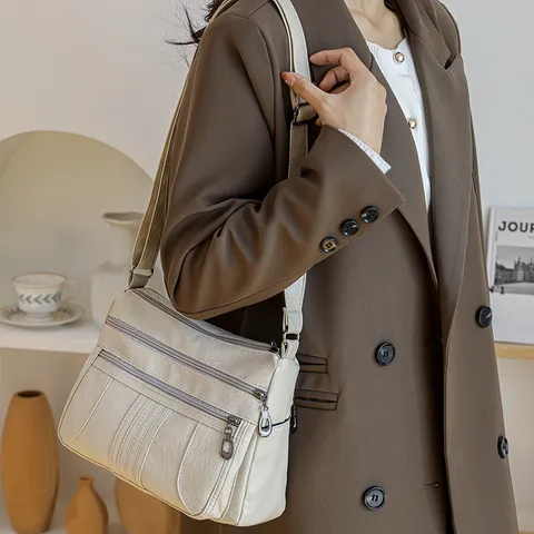 Women's PU Leather Crossbody Bag Large Capacity Multi-Pocket Shoulder Bag Solid Color Soft Leather Handbag
