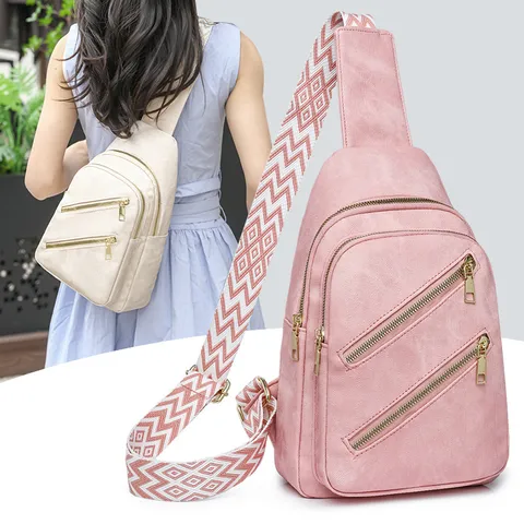 Borsa a Tracolla da Donna in Pelle PU Urban Minimalist Borsa da Petto con Cerniera a Doppio Strato e Tracolla Larga Geometrica