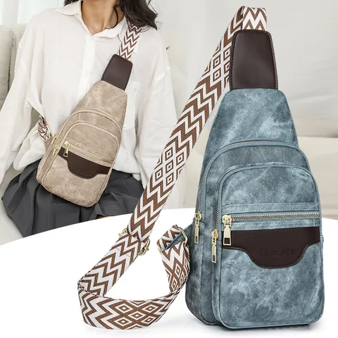 Borsa a Tracolla da Donna in Pelle PU Vintage Colore a Contrasto Doppio Strato Casual Viaggio Borsa da Petto Cinghia Geometrica