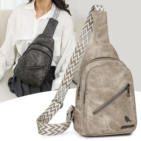 Marsupio da Petto Urbano Minimalista da Donna in Pelle PU Con Cerniera a Doppio Strato Tracolla in Fettuccia Geometrica Borsa a Tracolla Casual Viaggio