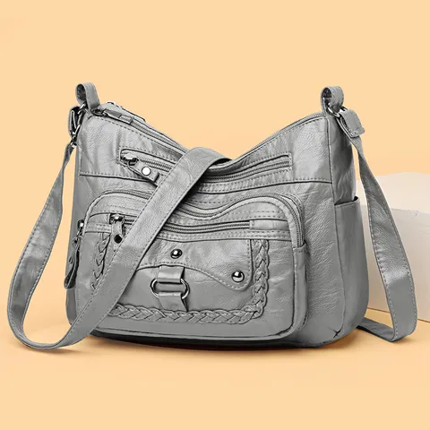 Borsa a Tracolla in Pelle PU Lavata Vintage per Donna Grande Capacità Multistrato Borsa a Spalla Urban Minimalista Dettaglio Intrecciato Mamma Cand borsa