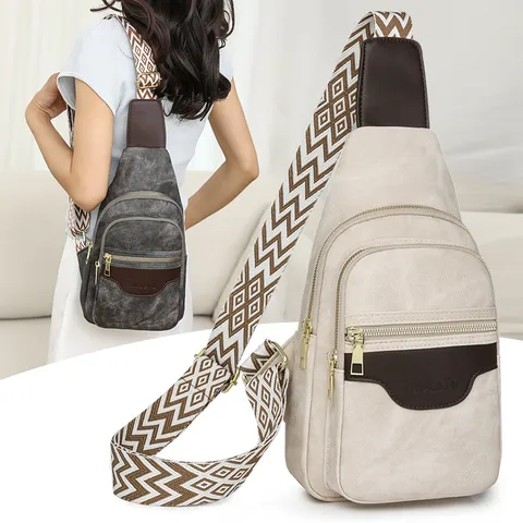 Borsa a Tracolla da Donna in Pelle PU Vintage Colore a Contrasto Doppio Strato Casual Viaggio Borsa da Petto Cinghia Geometrica