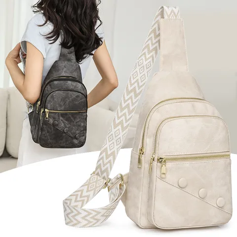 Borsa a Tracolla da Donna Minimalista Urbana in Pelle PU Borsa da Petto a Doppio Strato con Cerniera per Viaggio Casual con Tracolla Geometrica