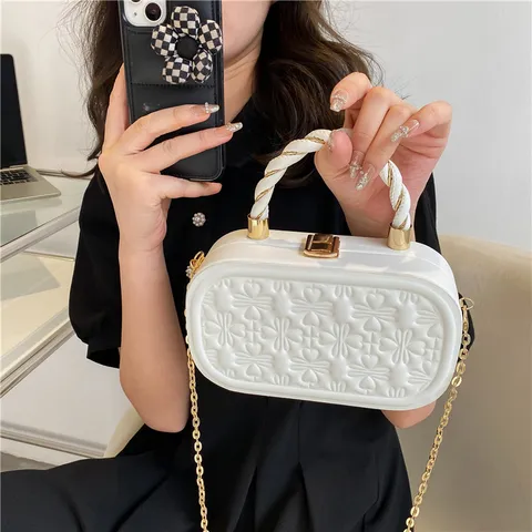 Fashion Embossed Four Leaf Clover Hard Shell Box Bag Women PU Leather Handbag Gold Chain Shoulder Crossbody Bag Retro Elegant Clutch