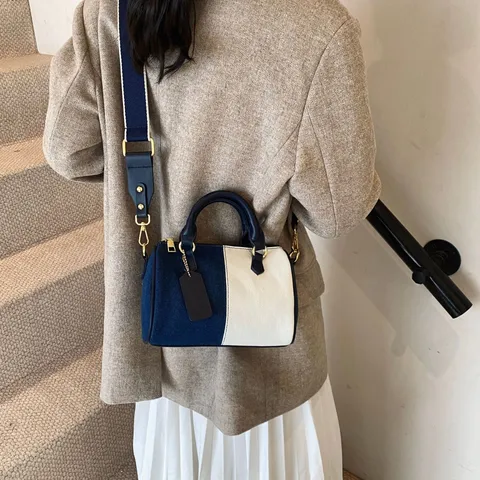 Women Denim Patchwork Boston Bag Urban Minimalist Contrast Color Pillow Shoulder Crossbody Bag Casual Top Handle Bag With Wide Strap