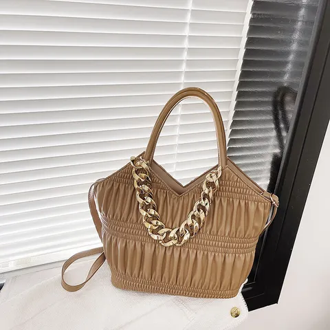 Fashion Women Pleated Shoulder Bag Soft PU Leather Thick Gold Chain Handbag Elegant Hobo Bag Party Daily Crossbody Bag