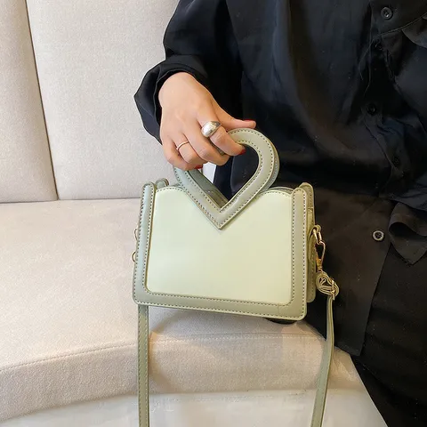 Mode PU Leder Umhängetasche Mit Einzigartigem Herzförmigem Griff Farbblock Kleine Quadratische Schulterhandtasche Für Damen Täglich