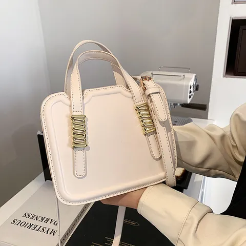 Trendy PU Leather Small Square Shoulder Bag For Women Metal Buckle Crossbody Handbag Chic Stitching Biscuit Tote Bag Daily Matching