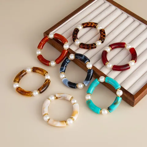 Moda Resina Marmo Curvato Tubo Braccialetto per le Donne Stile Ins Giunto di Bambù Perla Artificiale Elastico Bangle Gioielli Pendolari