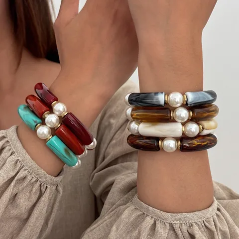 Moda Resina Marmo Curvato Tubo Braccialetto per le Donne Stile Ins Giunto di Bambù Perla Artificiale Elastico Bangle Gioielli Pendolari