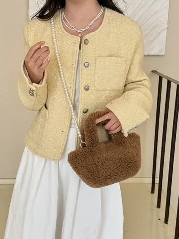 Korean Style Faux Shearling Bucket Bag Gynaikeia Malaki Plush Omou Crossbody Tsanta Kompsi Pearl Metal Chain Handbag