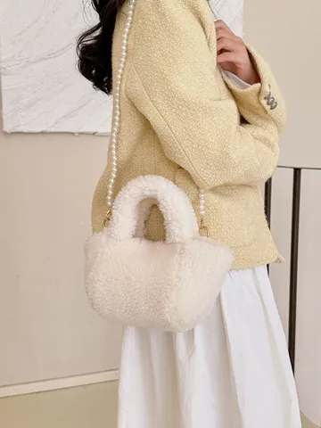 Korean Style Faux Shearling Bucket Bag Gynaikeia Malaki Plush Omou Crossbody Tsanta Kompsi Pearl Metal Chain Handbag