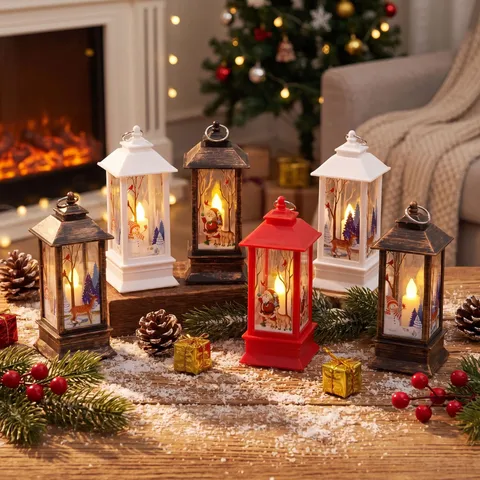 Christmas Retro LED Small Wind Lamp Desktop Ornament Four Sided Transparent Santa Snowman Reindeer Home Party Decor Light