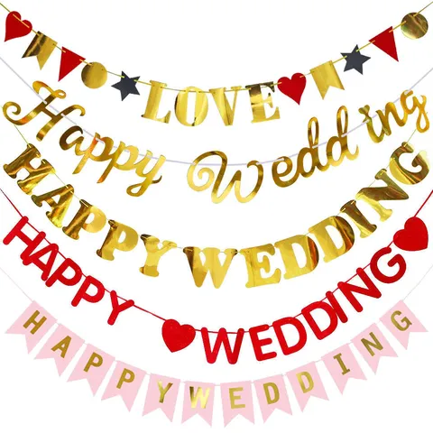 Wedding Party Gold Foiling Paper Banner Heart Love Happy Letter Hanging Garland Bunting Bridal Shower Decor