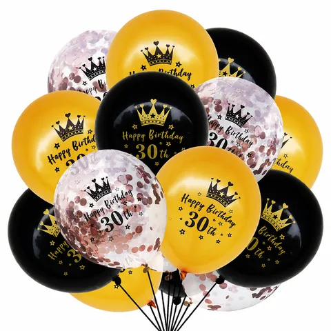 Ensemble de Ballons de Fête d'Anniversaire Couronne Joyeux Anniversaire Paillettes Ballons Latex Or Noir Fournitures de Décoration