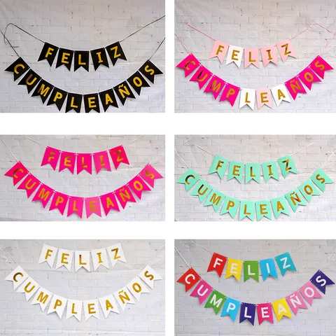 Spanish Birthday Banner Feliz Cumpleanos Bunting Garland Party Decorations Gold Foil Swallowtail Flags Hanging Sign