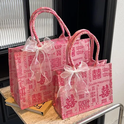 Nuova Borsa Tote da Matrimonio in Stile Cinese Tessuto Lettera Doppia Felicità Borsa a Mano Grande Capacità Casual Quotidiano Organizzatore Borsa per Sposa Donna Regalo