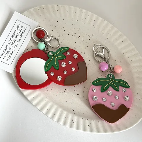 Creativo Fragola Frutta Portachiavi Specchio per Trucco Acrilico Lega Strass Borsa Fascino Portatile Specchietto da Tasca Ciondolo per Donna
