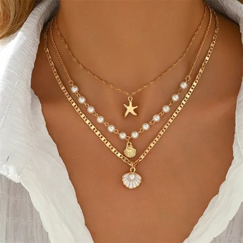 Goldene Lagenhalskette Seestern Muschel Damen Sommer Strand Urlaub Schmuck Übertriebene Mehrlagige Künstliche Perlenkette Set