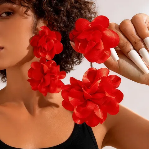 Übertriebene Stoff Blumen Ohrhänger Mit 925 Sterling Silber Ohrstecker-Stift Elegante Romantische Botanische Statement Ohrringe Für Damen Valentinstag Party Geschenk