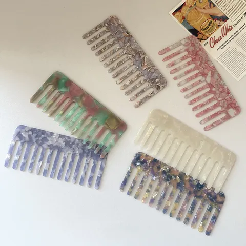 Trendy Acetate Cellulose Wide Tooth Hair Comb Colorful Anti Static Marble Pattern Premium Detangling Comb For Daily Women Hair Styling