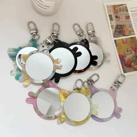 Süße Katze Acetat Schlüsselanhänger Mit Mini Kompaktspiegel Harz Tier Tasche Charm Schlüsselring Für Damen Tägliches Zubehör