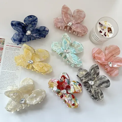 Elegant Acetate Butterfly Flower Hair Claw Clip French Marble Pattern Rhinestone Shark Jaw Clip For Women Thick Hair Half Tie Accessory