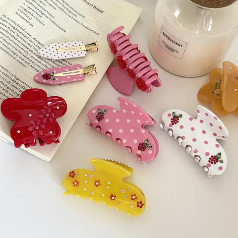 Elegant Acetate Heart Hair Claw Clip Large Floral Polka Dot Rhinestone Shark Clip Korean Style Hairpin For Women Daily Accessory