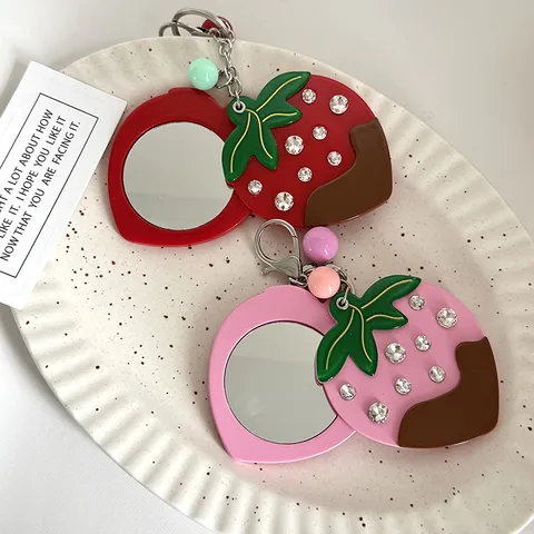 Creativo Fragola Frutta Portachiavi Specchio per Trucco Acrilico Lega Strass Borsa Fascino Portatile Specchietto da Tasca Ciondolo per Donna