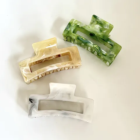 Korean Style Glossy Plastic Marble Pattern Hair Claw Clip Rectangular Geometric Hollow Shark Clip For Women Daily Bath Hair Accessories
