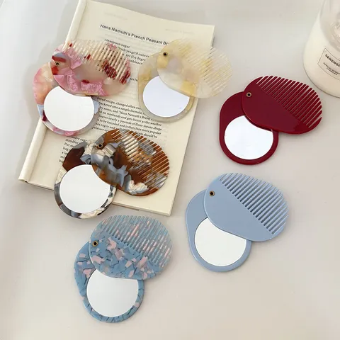 Acetate Portable Folding Makeup Mirror Hair Comb Combo Vintage Retro Marble Pattern Pocket Oval Vanity Mirror For Women